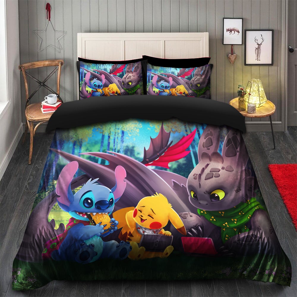 Pikachu Toothless Stitch Bedding Set Duvet Cover And 2 Pillowcases