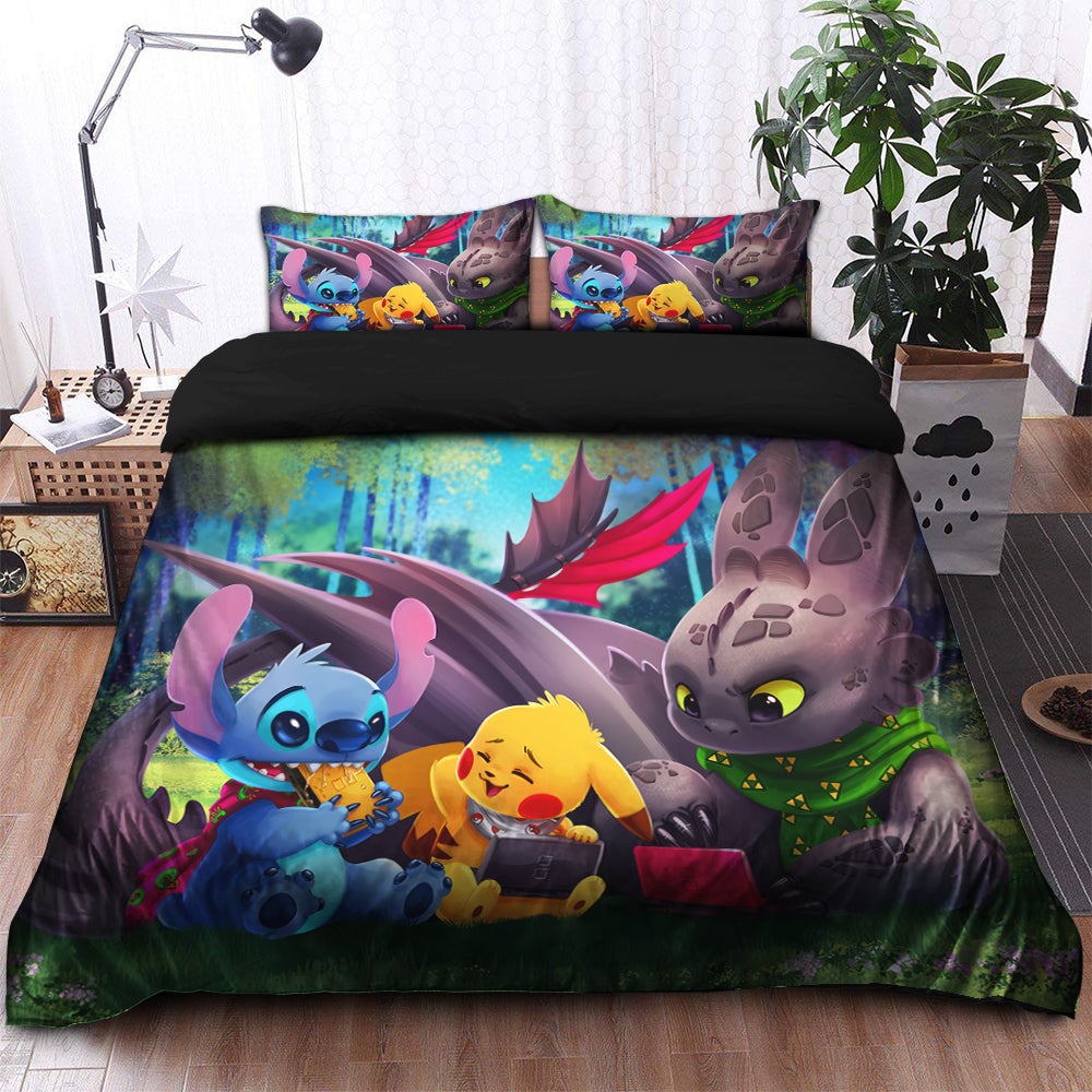 Pikachu Toothless Stitch Bedding Set Duvet Cover And 2 Pillowcases