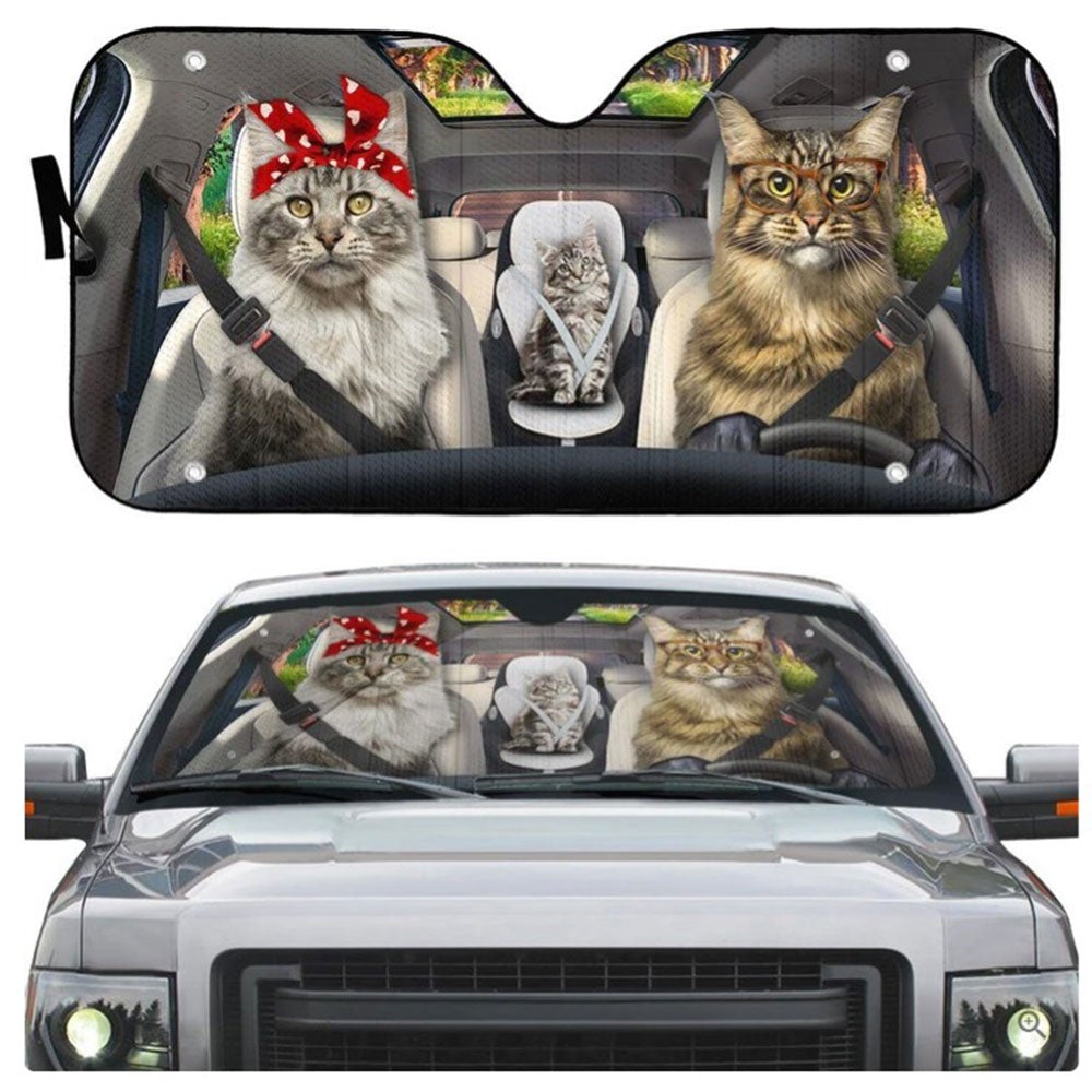 Maine Coon Cat Family Custom Car Auto Sun Shades Windshield Accessories Decor Gift