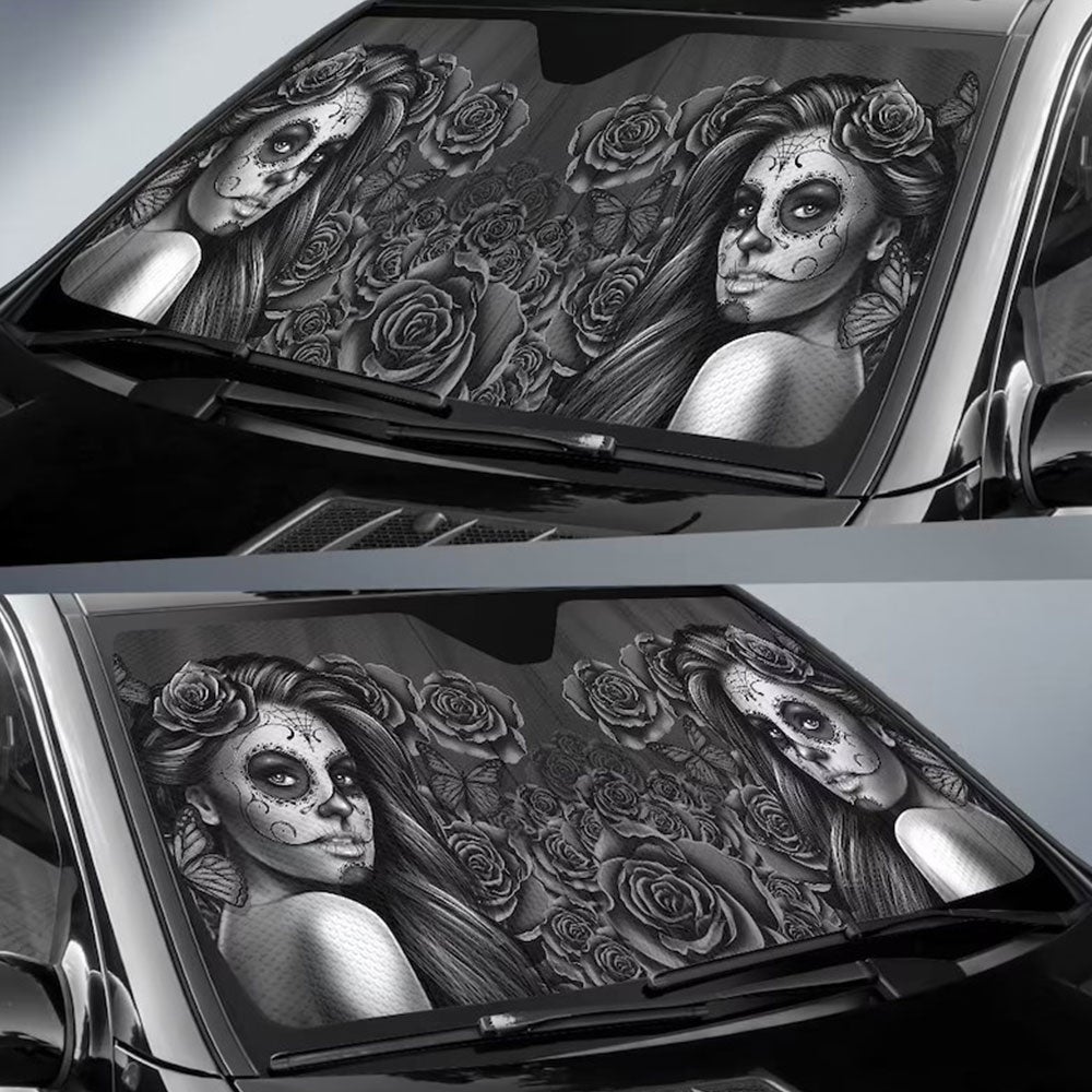 Calavera Girl Black Car Auto Sun Shades Windshield Accessories Decor Gift