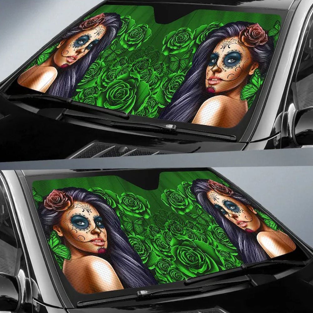Calavera Girl Green Car Auto Sun Shades Windshield Accessories Decor Gift