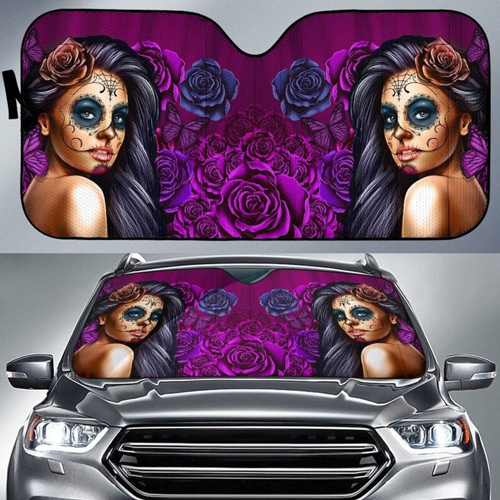 Calavera Girl Purple Car Auto Sun Shades Windshield Accessories Decor Gift