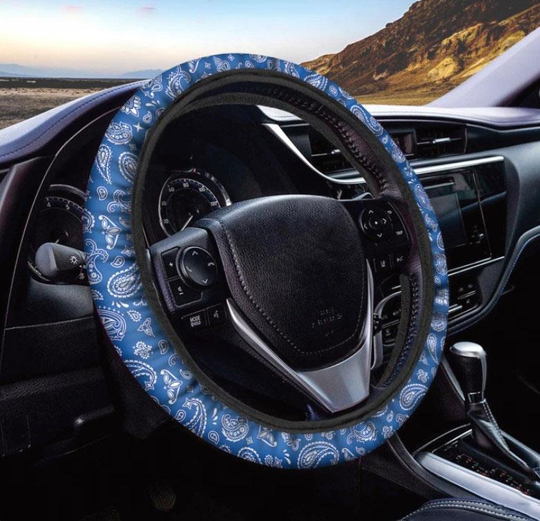 Blue Paisley Bandana Pattern Print Car Steering Wheel Cover