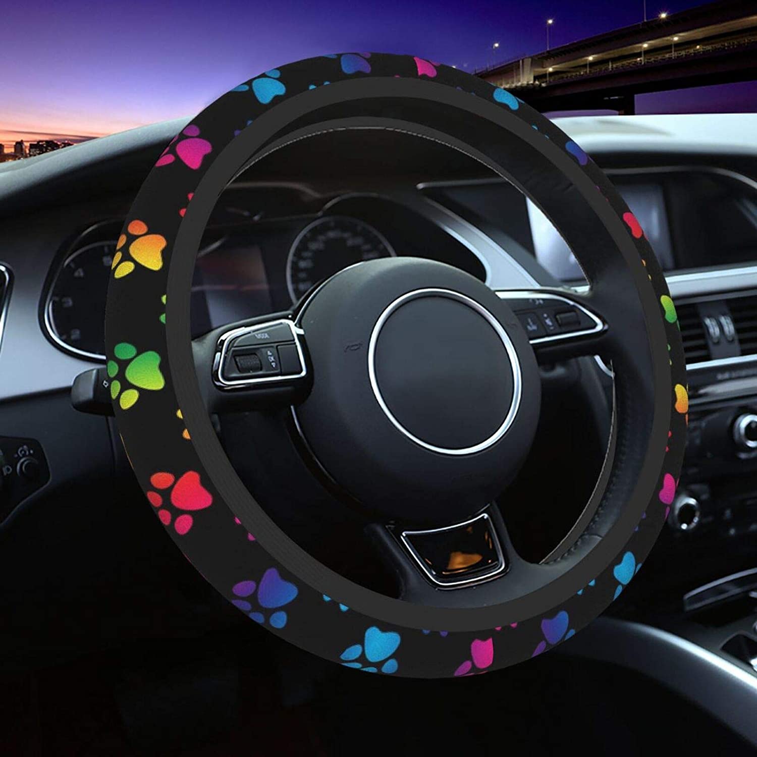 Colorful Dog Paw Premium Car Steering Wheel Cover