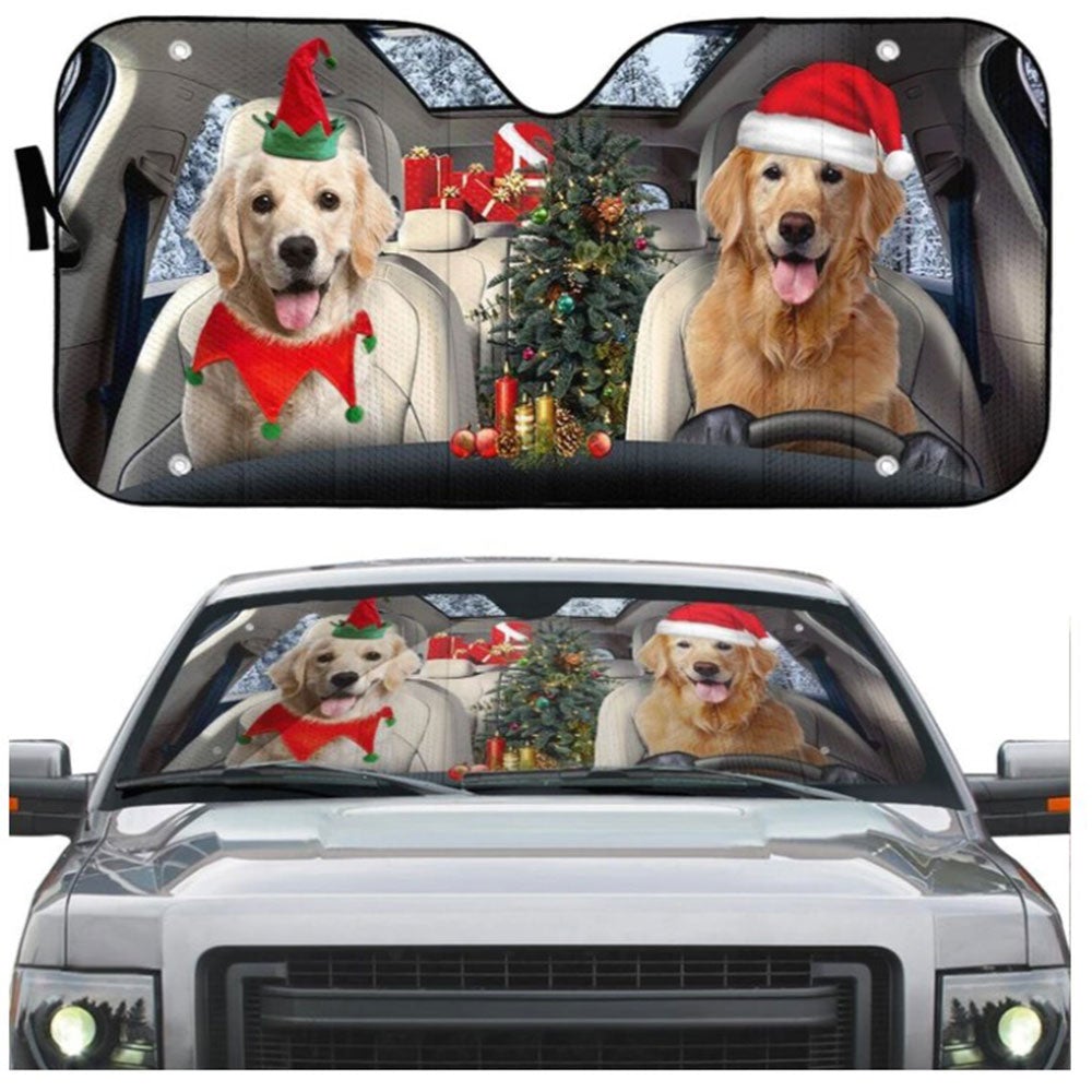 Santa And Elf Golden Retriever Custom Car Auto Sun Shades Windshield Accessories Decor Gift