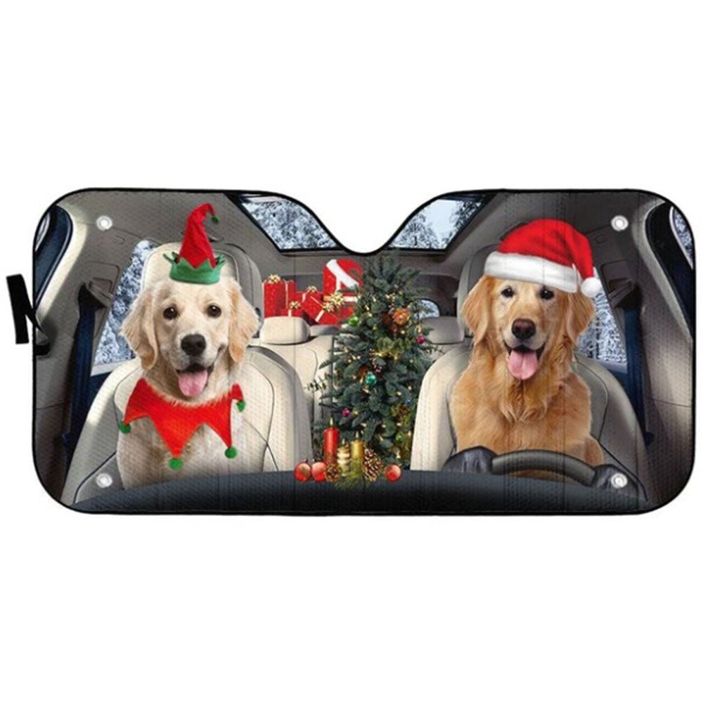 Santa And Elf Golden Retriever Custom Car Auto Sun Shades Windshield Accessories Decor Gift