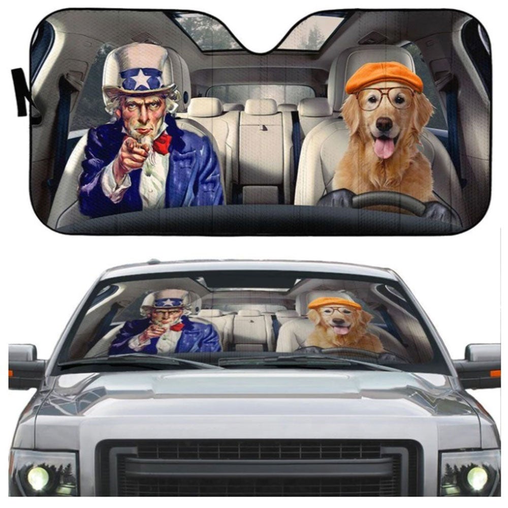 Uncle Sam And Golden Retriever Custom Car Auto Sun Shades Windshield Accessories Decor Gift