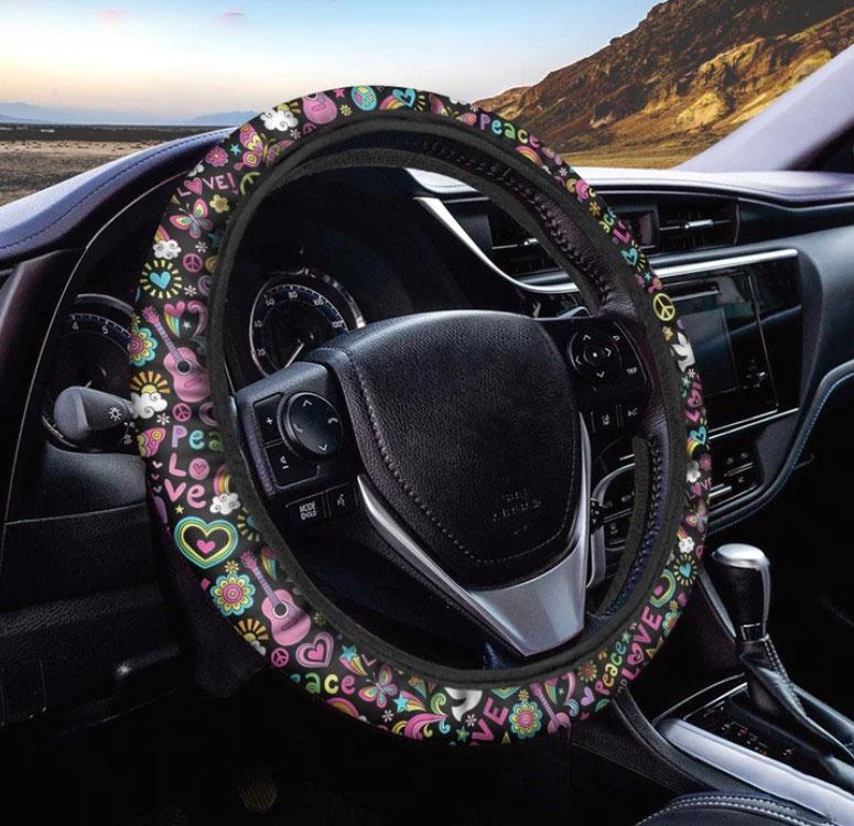 Hippie Peace Sign And Love Pattern Print Car Steering Wheel Cover