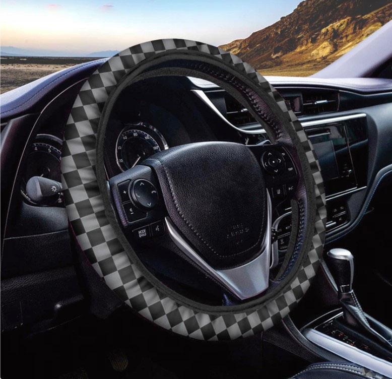 Grey And Black Checkered Pattern Print Car Steering Wheel Cover