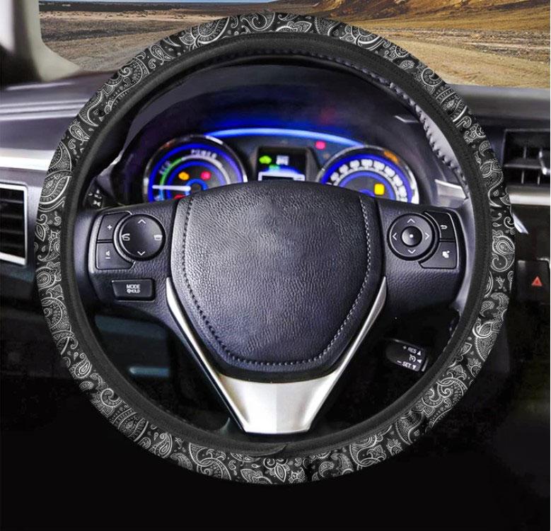 Black And White Paisley Pattern Print Car Steering Wheel Cover