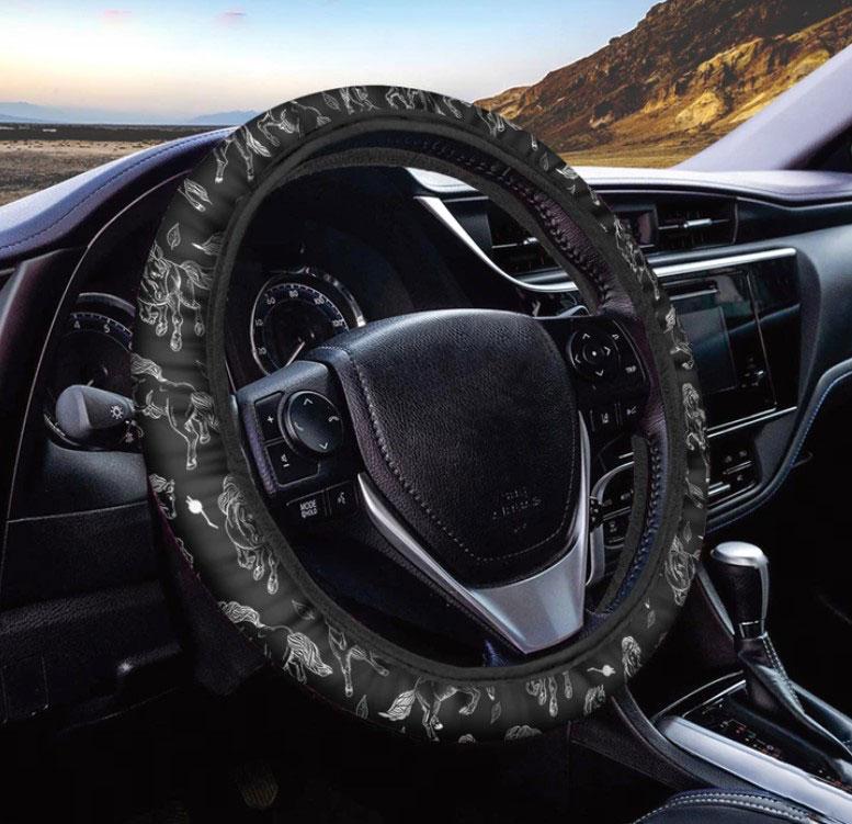 Black And White Horse Pattern Print Car Steering Wheel Cover