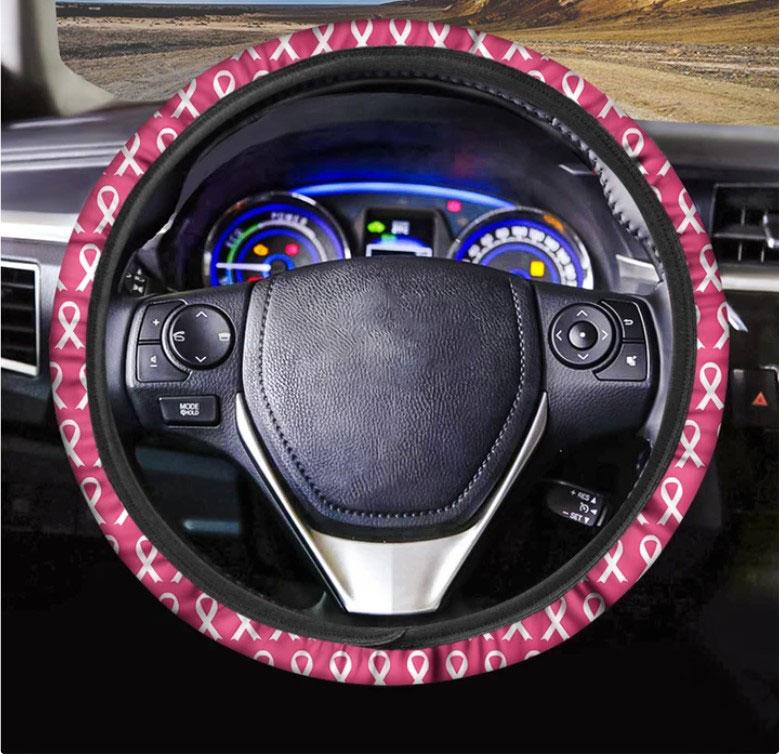 White And Pink Breast Cancer Print Car Steering Wheel Cover