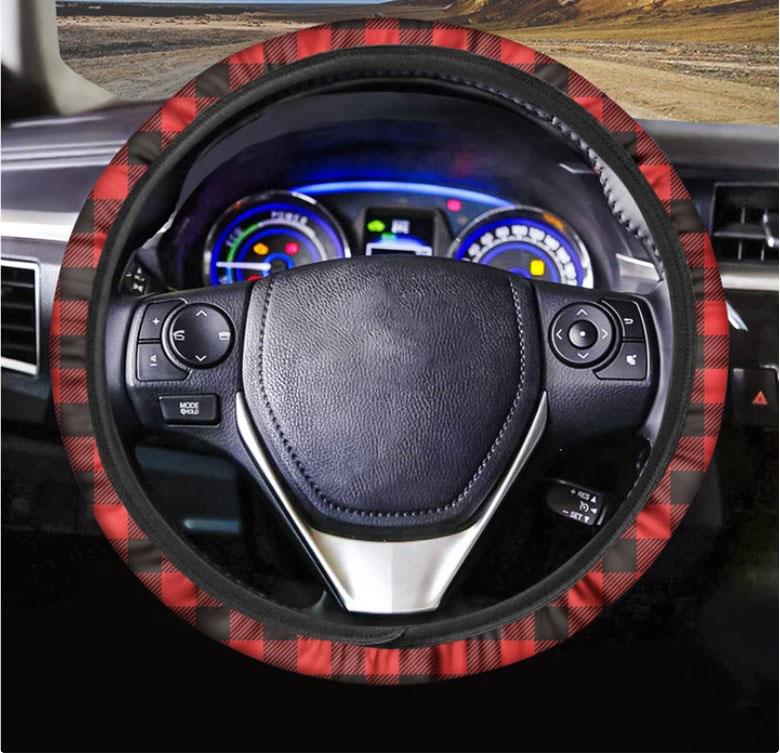 Hot Red Buffalo Plaid Print Car Steering Wheel Cover