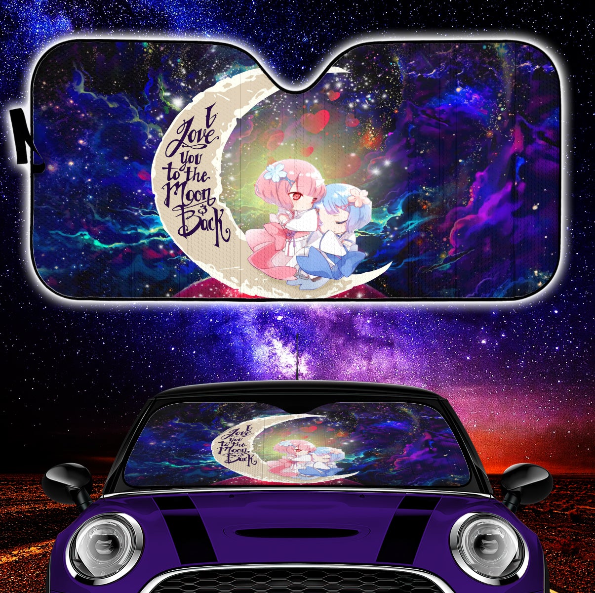 Ram And Rem Rezero Love You To The Moon Galaxy Car Auto Sunshades