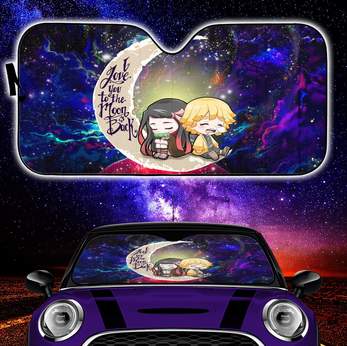 Zenitsu And Nezuko Chibi Demon Slayer Love You To The Moon Galaxy Car Auto Sunshades