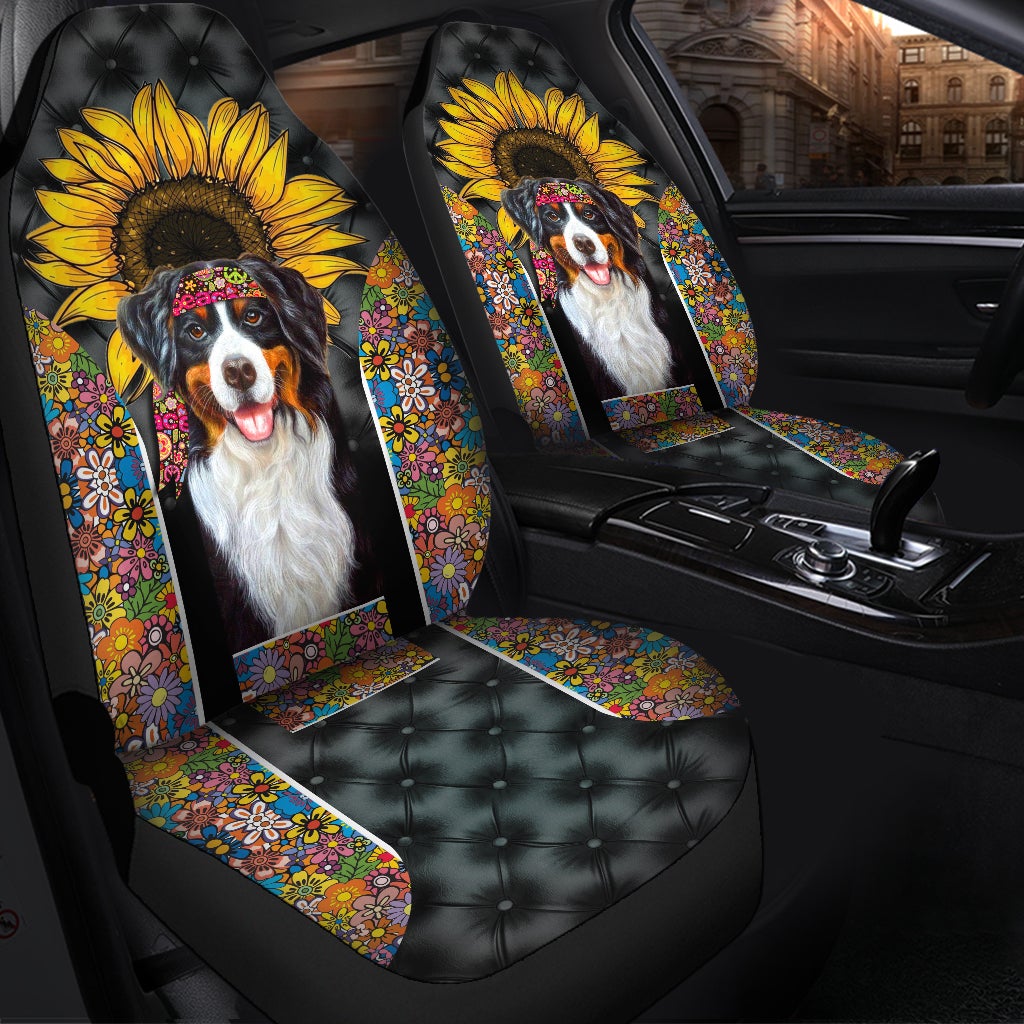 Bernese Mountain Dog Sunflower Hippie Premium Custom Car Seat Covers Decor Protector