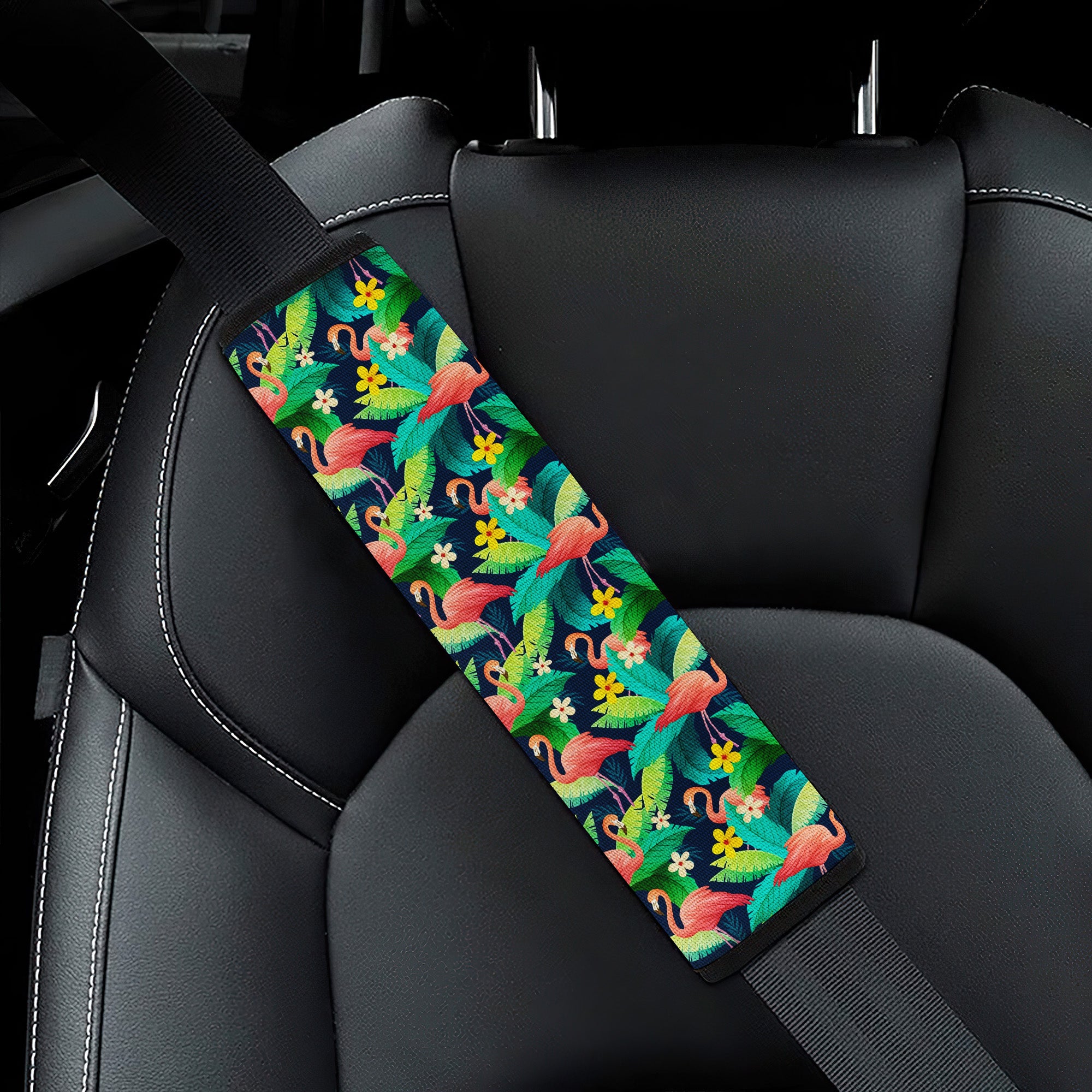 Flamingo Pink Tropical Hawai Premium Custom Car Seat Belt Covers