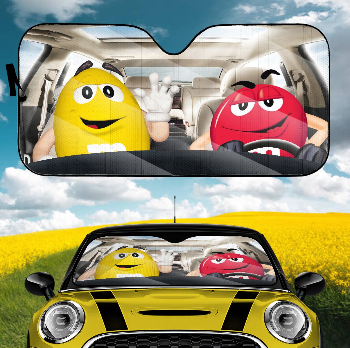 Funny M&M Chocolate Yellow Red Driving Car Auto Sunshade