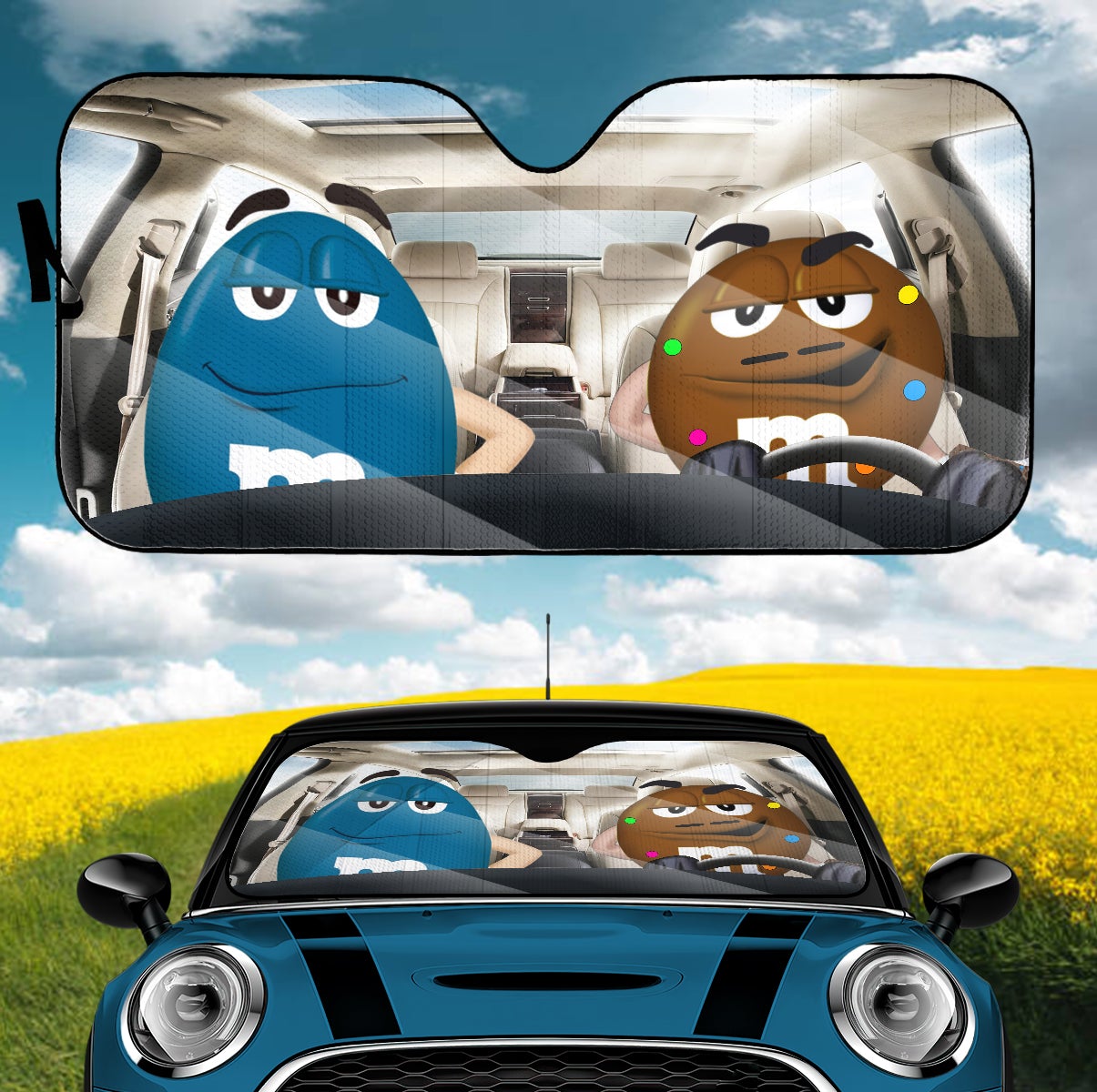 Funny M&M Chocolate Blue Brown Driving Car Auto Sunshade