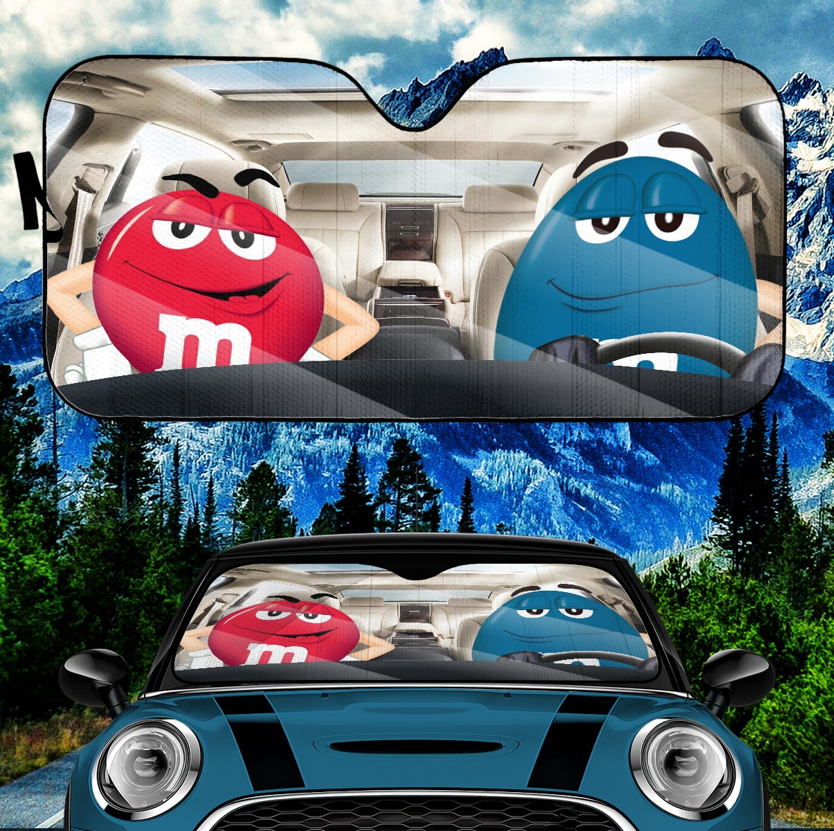 Funny M&M Chocolate Red Blue Driving Car Auto Sunshade