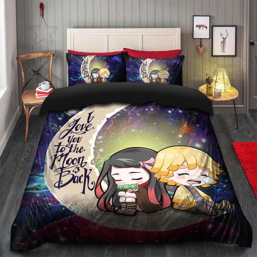Zenitsu And Nezuko Chibi Demon Slayer Love You To The Moon Galaxy Bedding Set Duvet Cover And 2 Pillowcases