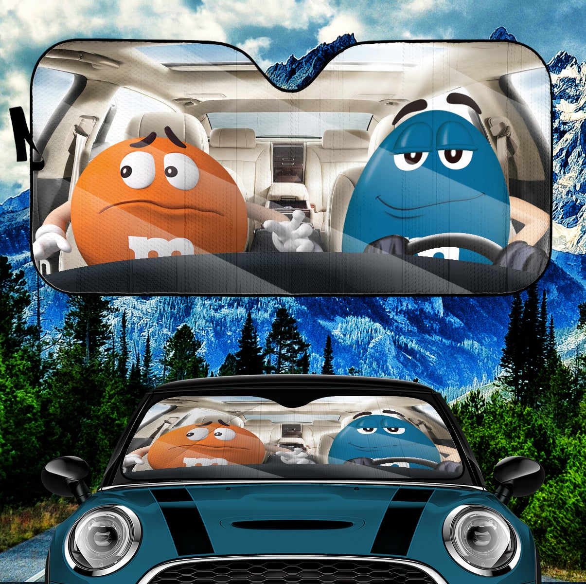 Funny M&M Chocolate Orange Blue Driving Car Auto Sunshade