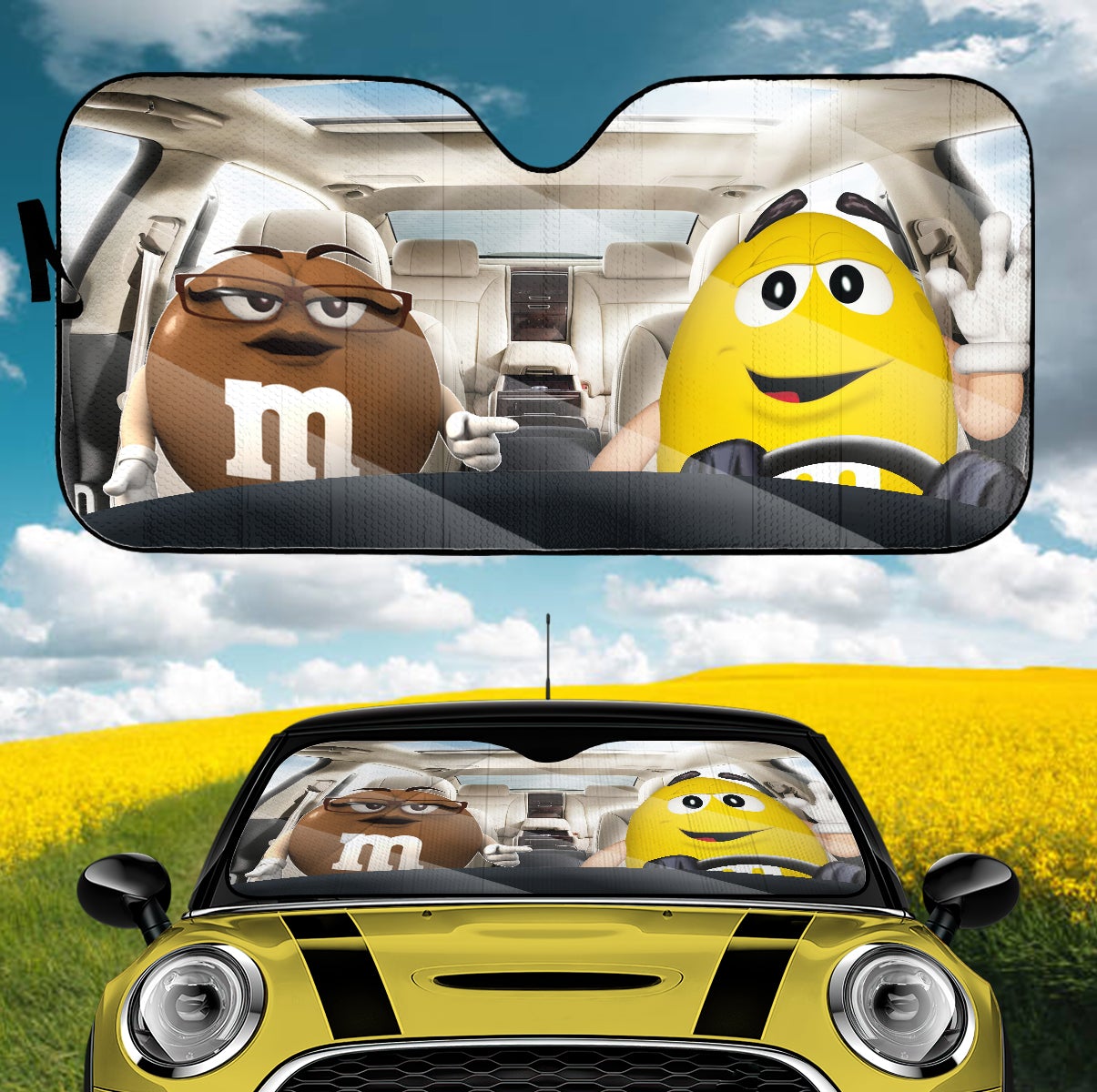 Funny M&M Chocolate Brown Yellow Driving Car Auto Sunshade