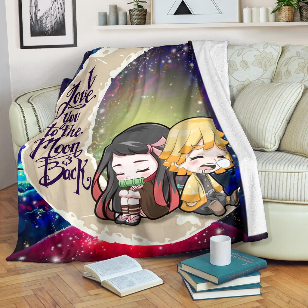 Zenitsu And Nezuko Chibi Demon Slayer Love You To The Moon Galaxy Premium Blanket