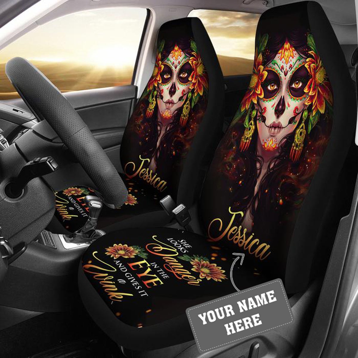 Best Personalized Skull Girl Wink Premium Custom Car Seat Covers Decor Protector