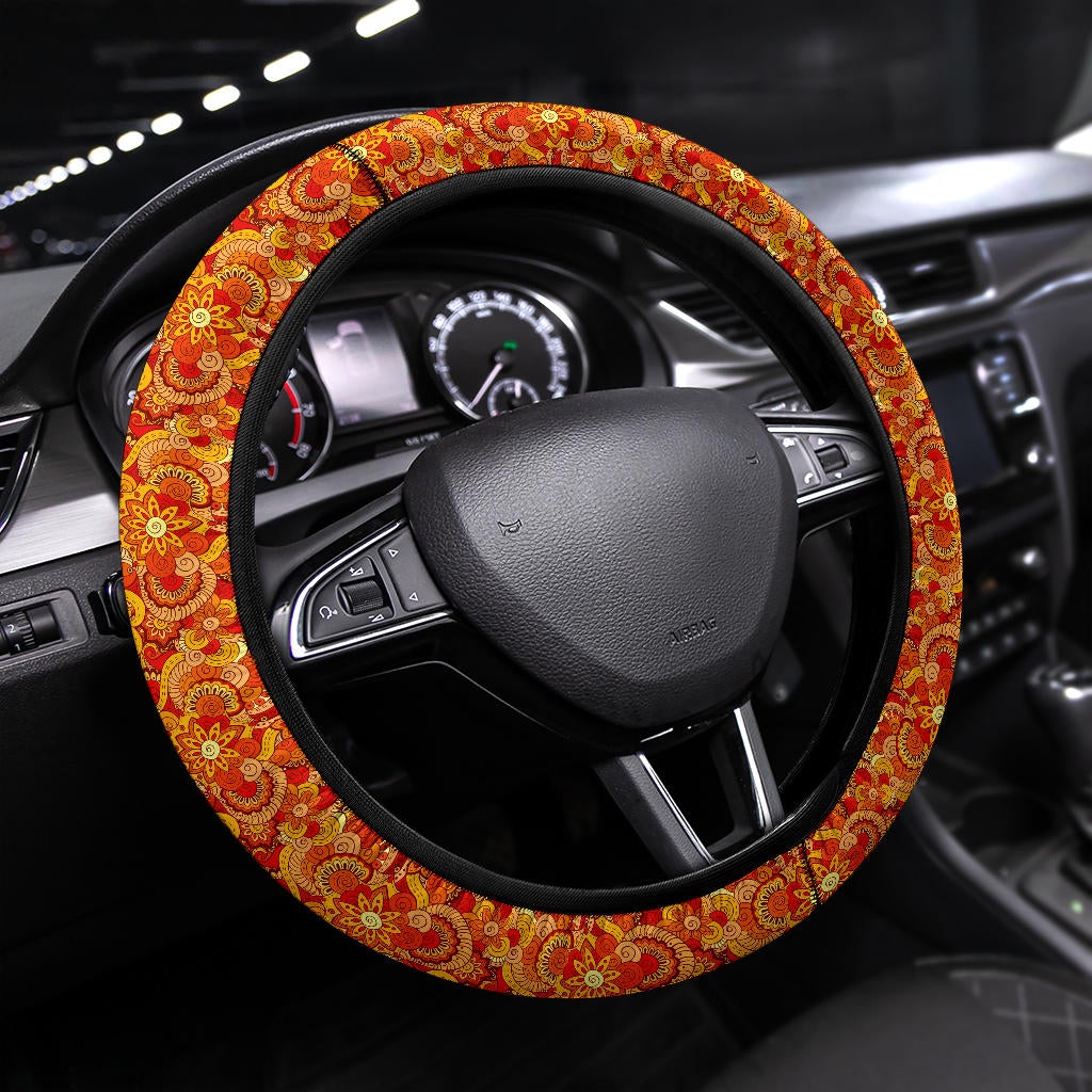 Asian Ethnic Floral Retro Doodle Fashion Premium Car Steering Wheel Cover