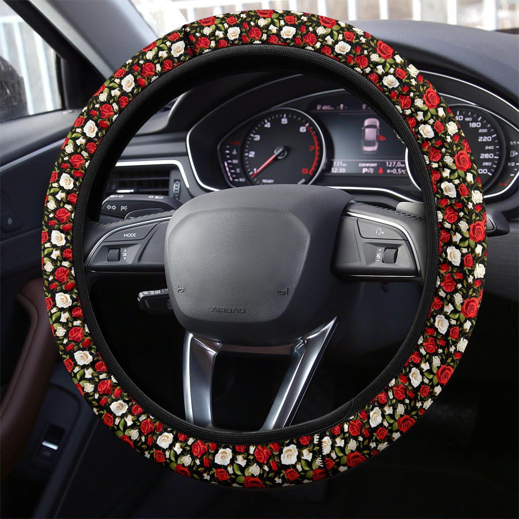 Rose Red White Premium Car Steering Wheel Cover