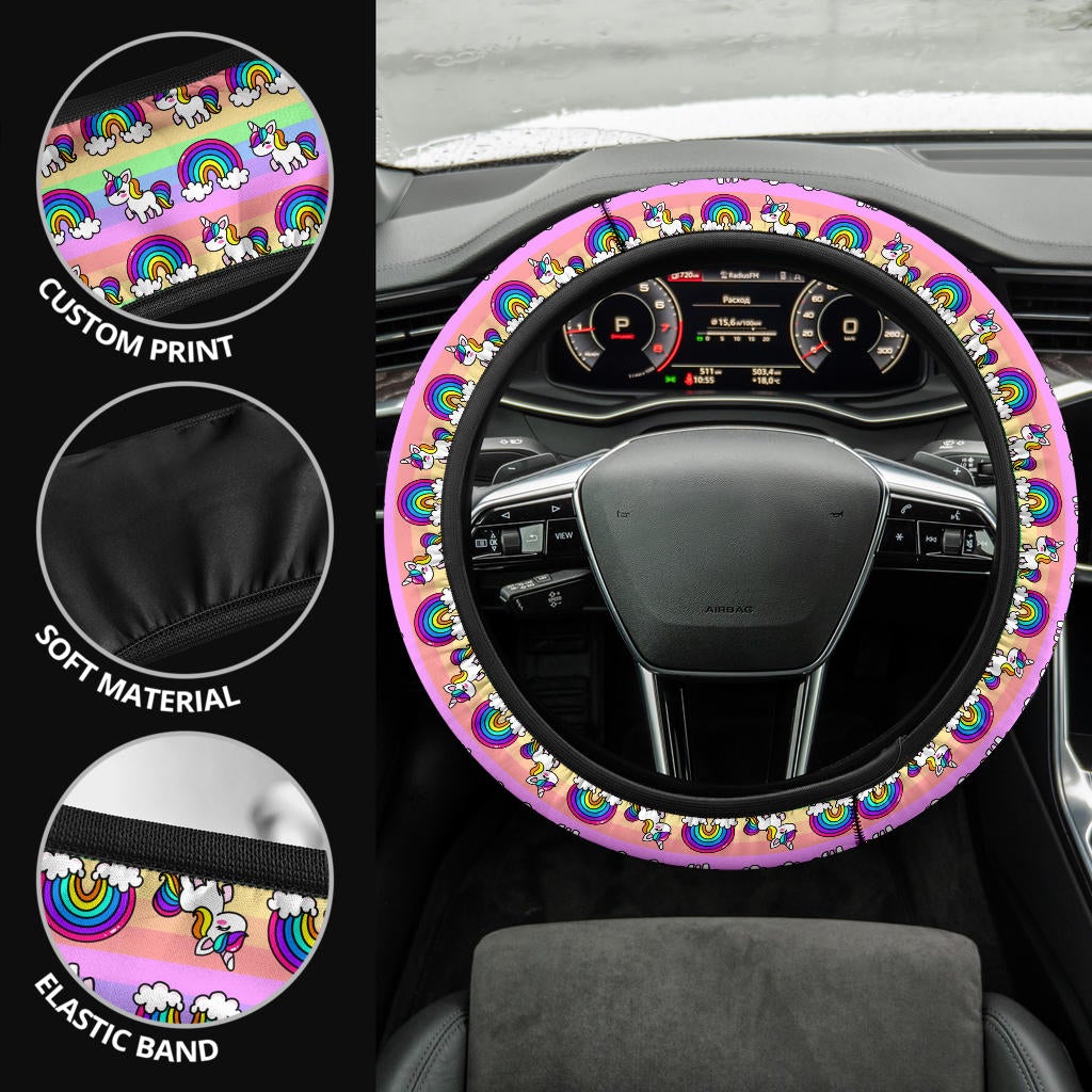 Unicorn Pink Rainbow Premium Car Steering Wheel Cover
