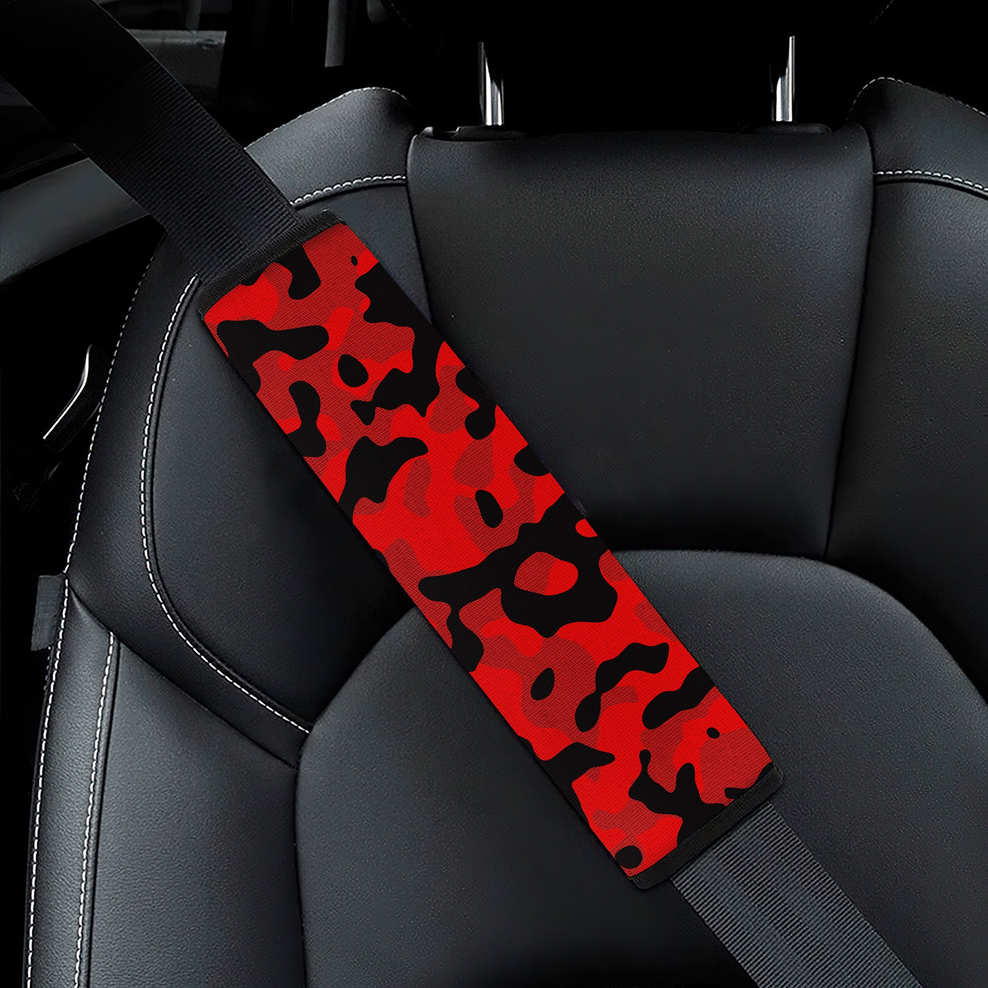 Red And Black Camouflage Premium Custom Car Seat Belt Covers