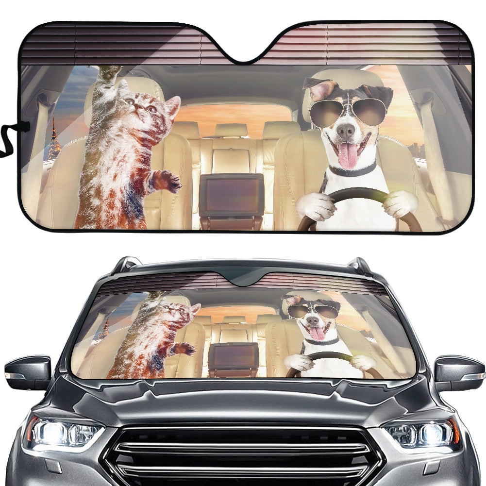 Funny Dog And Cat Driving Car Auto Sunshades