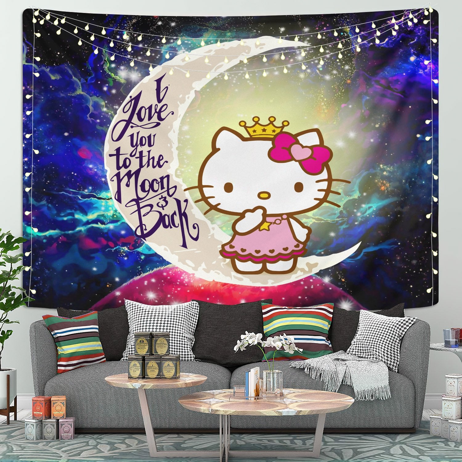 Cute Hello Kitty Moon And Back Galaxy Tapestry Room Decor
