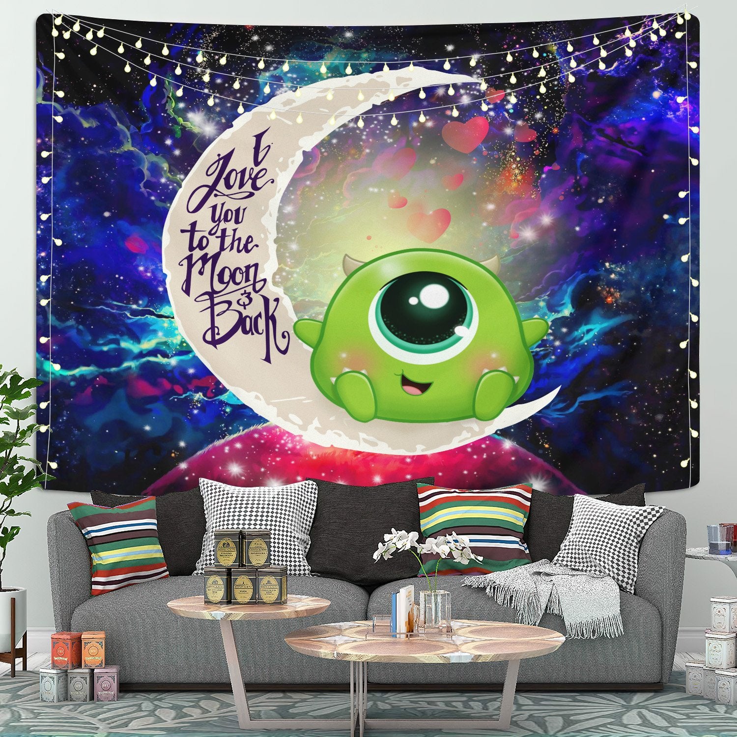 Cute Mike Monster Inc Moon And Back Galaxy Tapestry Room Decor