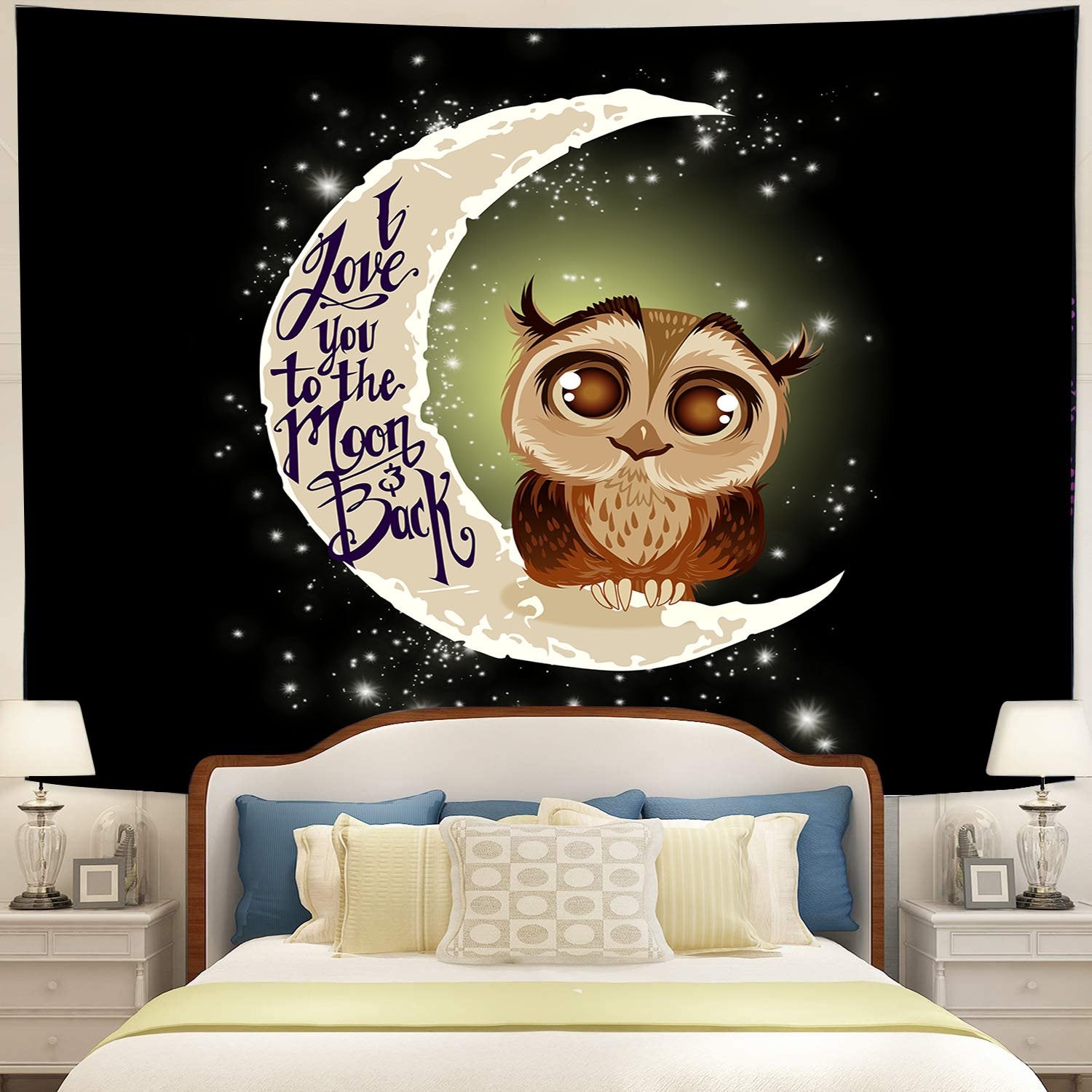 Cute Owl Love You To The Moon Tapestry Room Decor