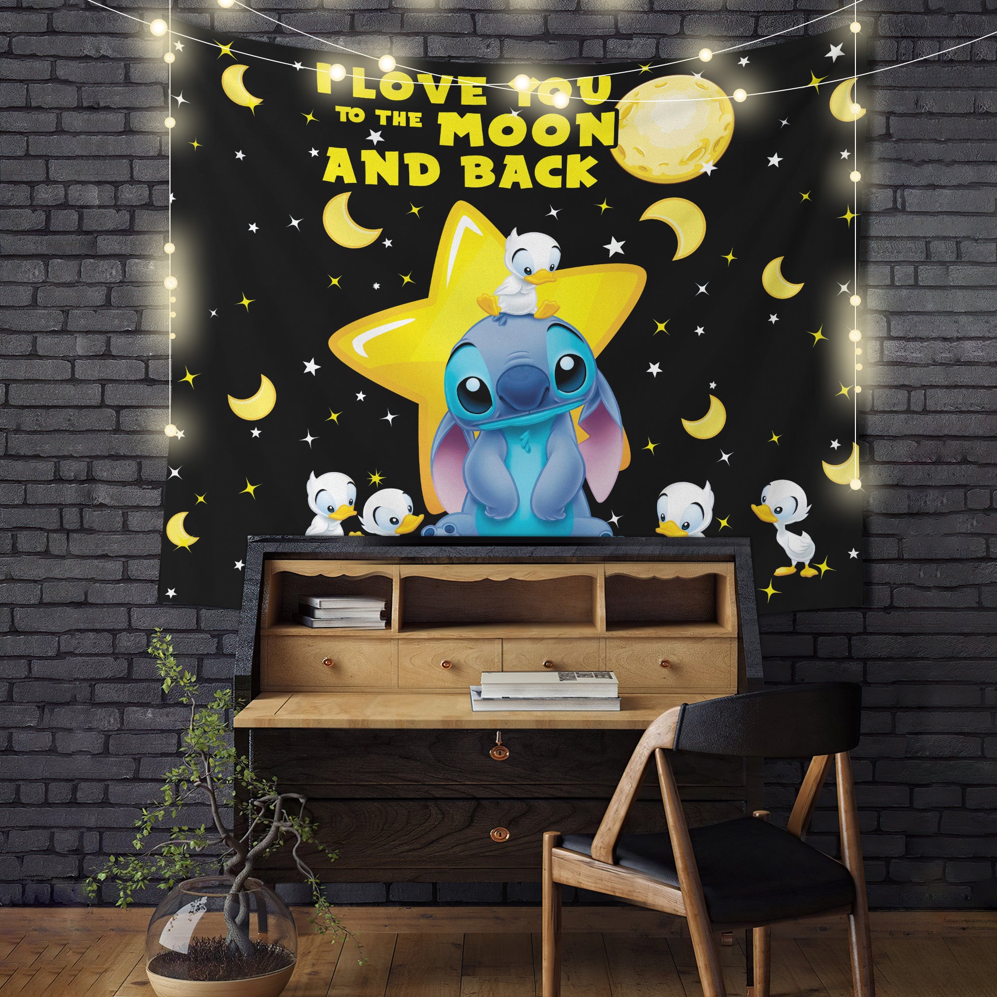Cute Stitch Love Moon Back And Dutch Black Tapestry Room Decor