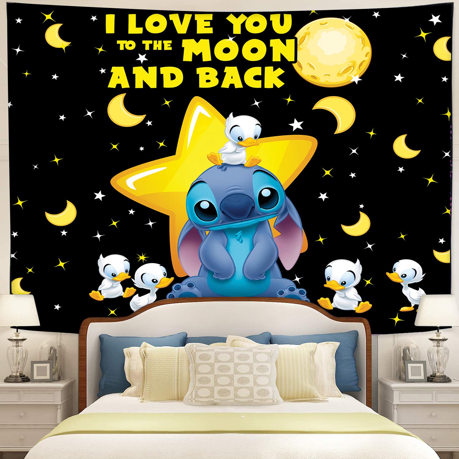 Cute Stitch Love Moon Back And Dutch Black Tapestry Room Decor