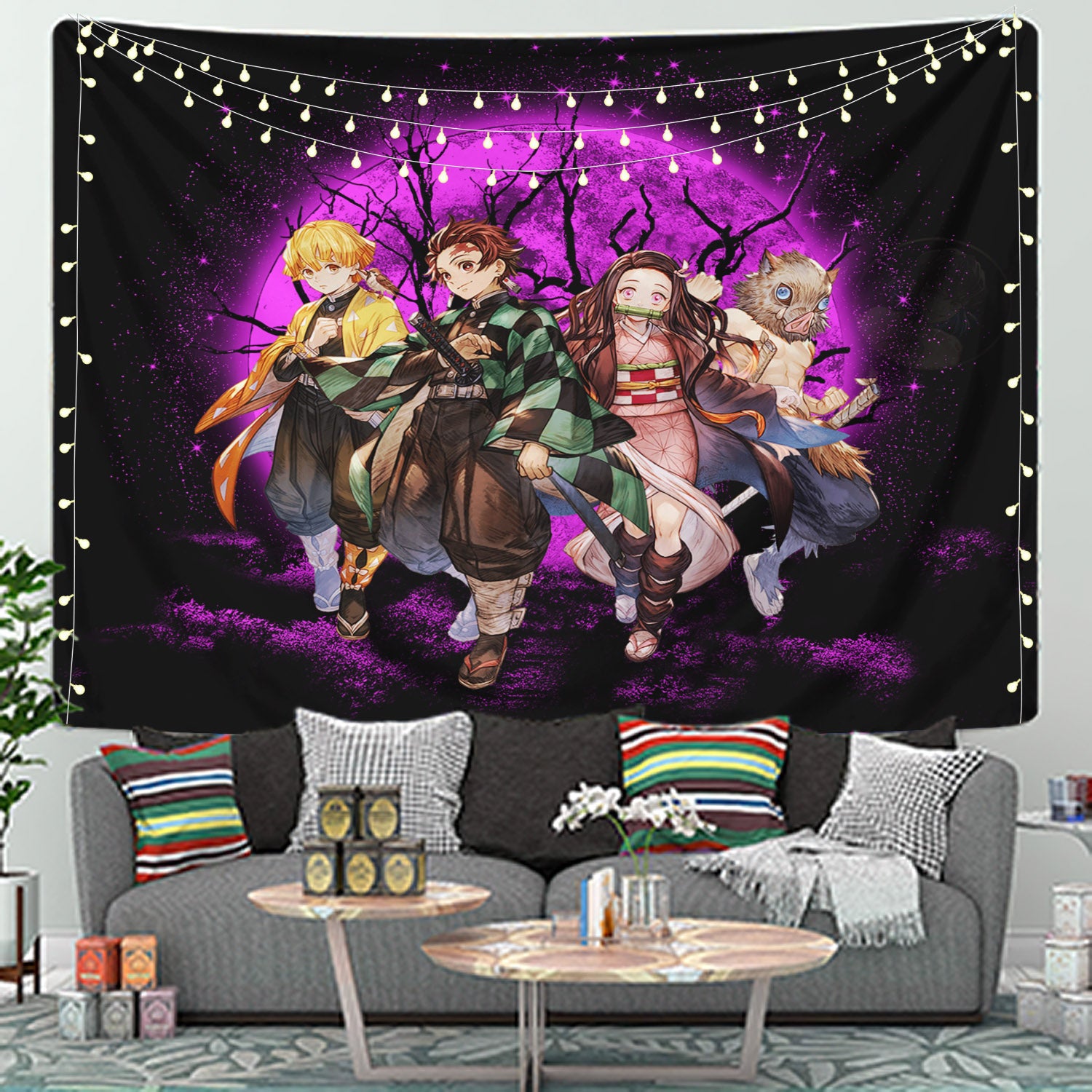Demon Slayer Team Pink Moonlight Tapestry Room Decor