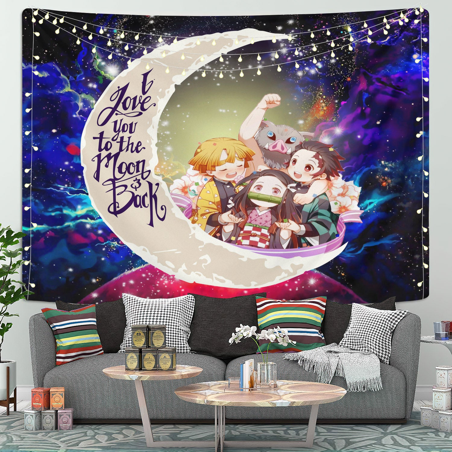 Demond Slayer Team Love You To The Moon Galaxy Tapestry Room Decor