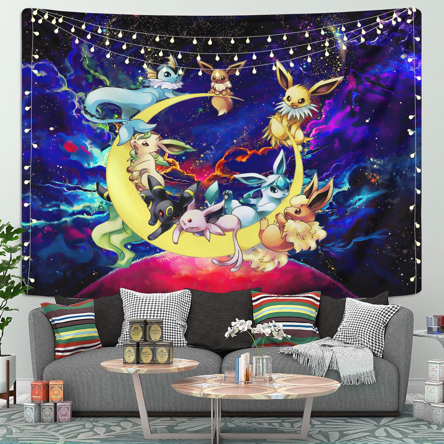 Eevee Evolution Pokemon Love You To The Moon Galaxy Tapestry Room Decor