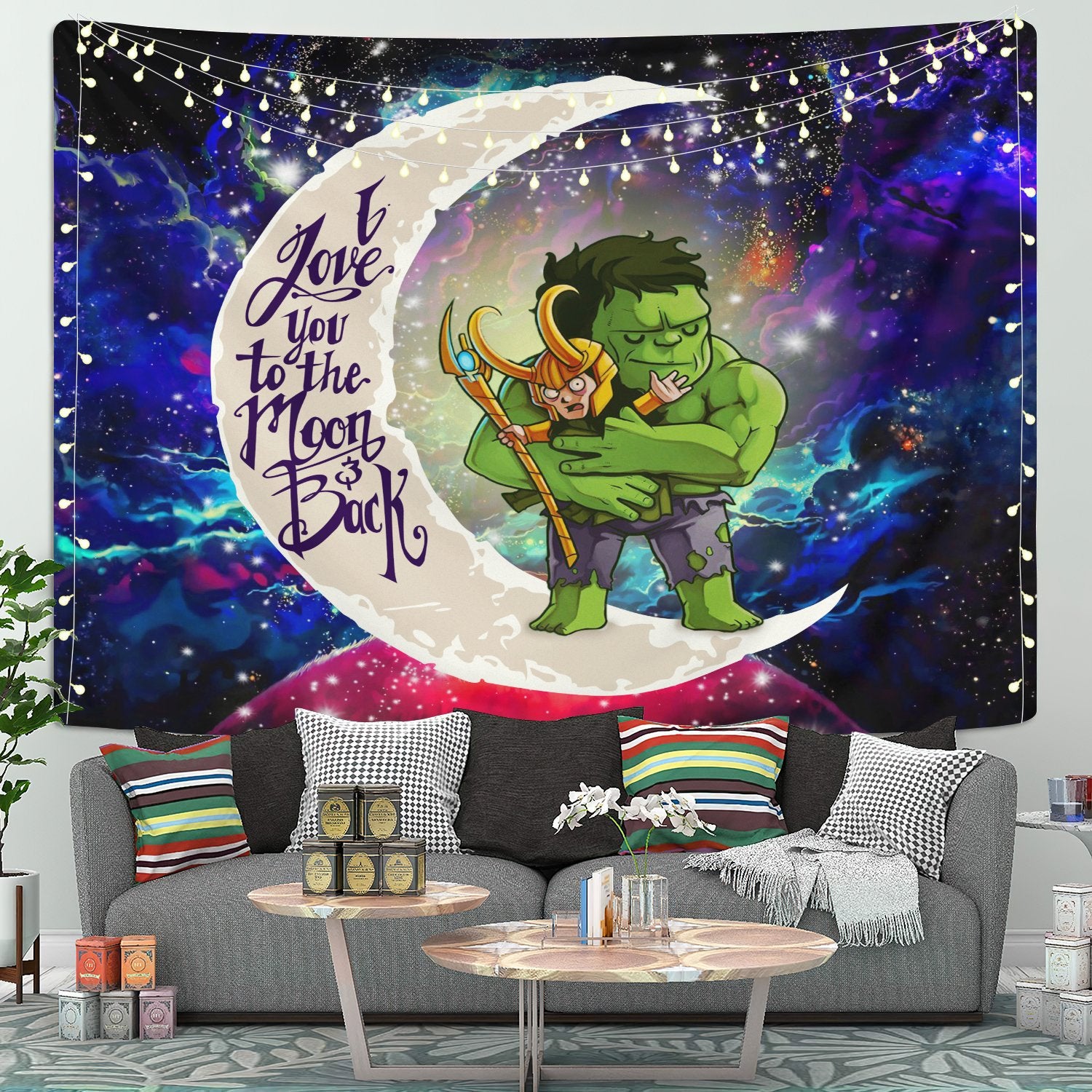 Hulk And Loki Love You To The Moon Galaxy Tapestry Room Decor