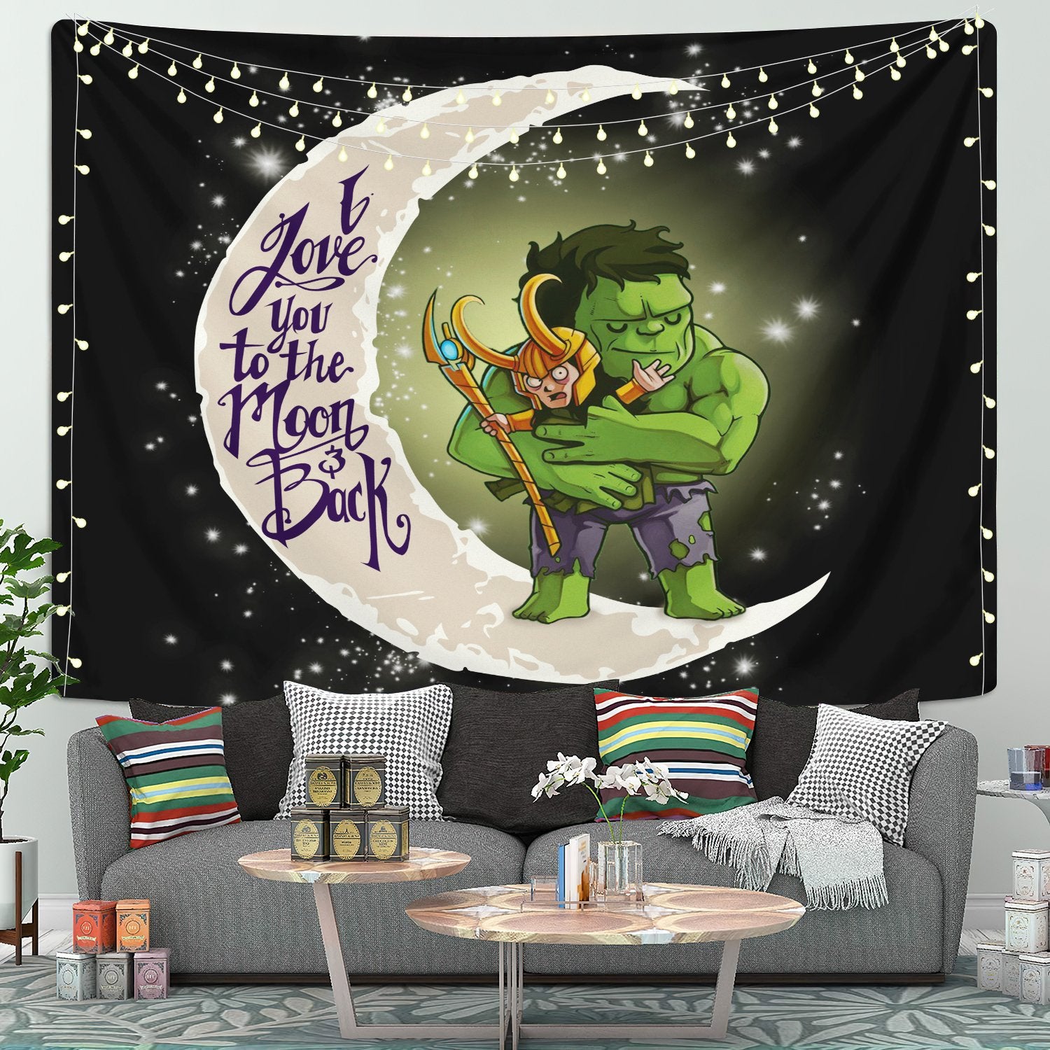 Hulk And Loki Love You To The Moon Tapestry Room Decor