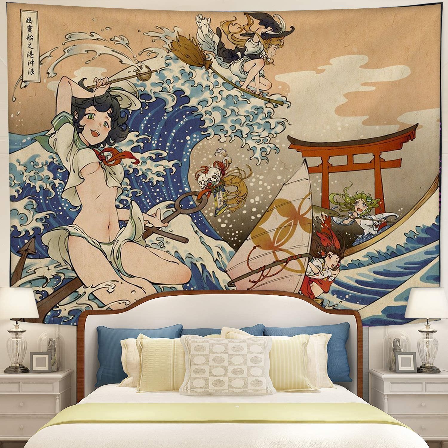 Japanese Girl Anime Great Wave Kanagawa Tapestry Room Decor