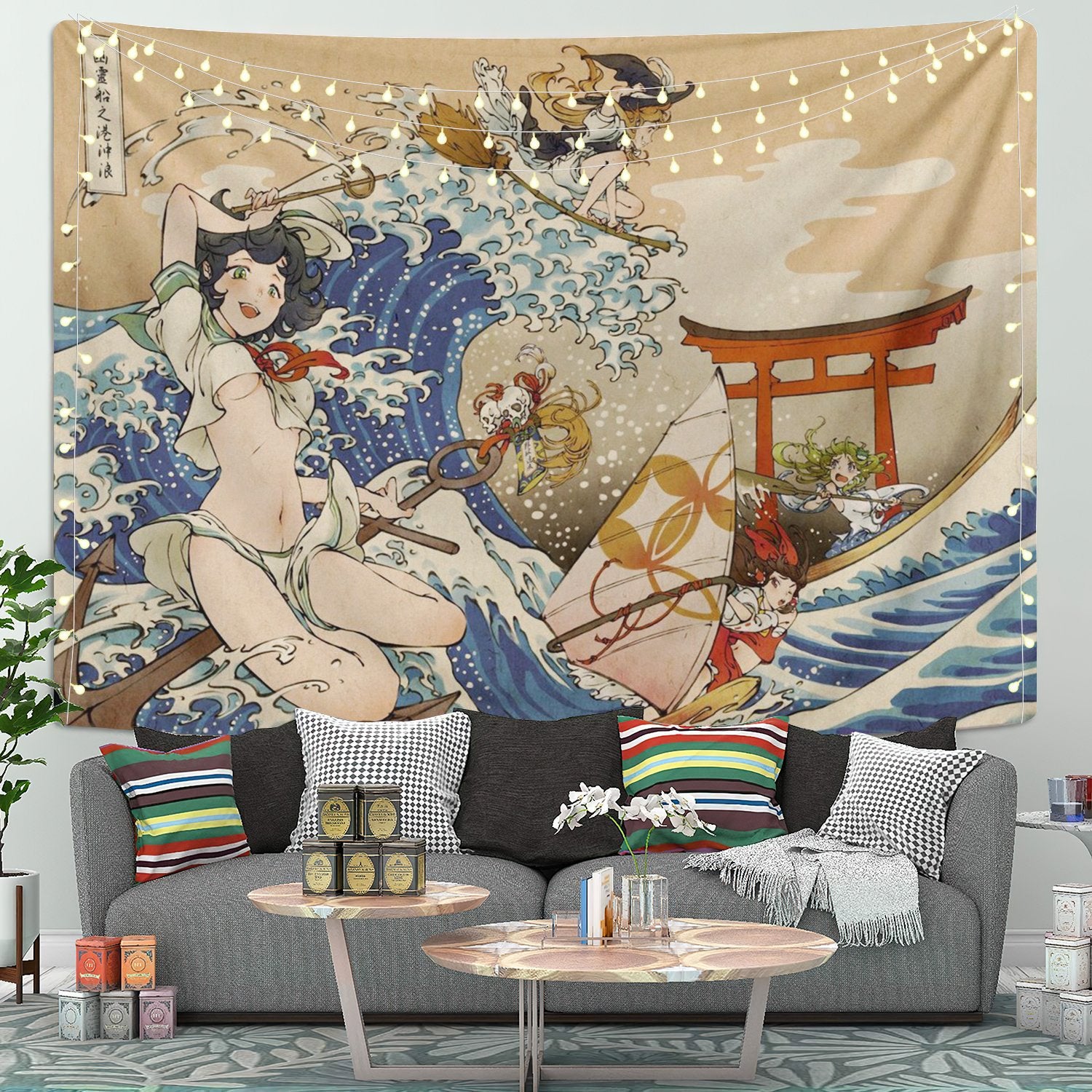 Japanese Girl Anime Great Wave Kanagawa Tapestry Room Decor