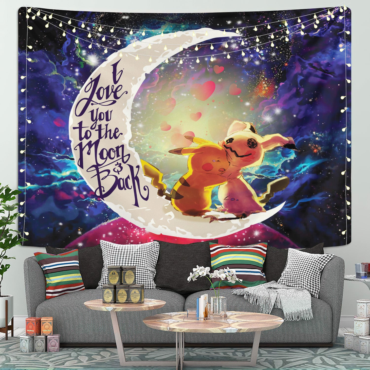 Pikachu Mimikyu Pokemon Love You To The Moon Galaxy Tapestry Room Decor
