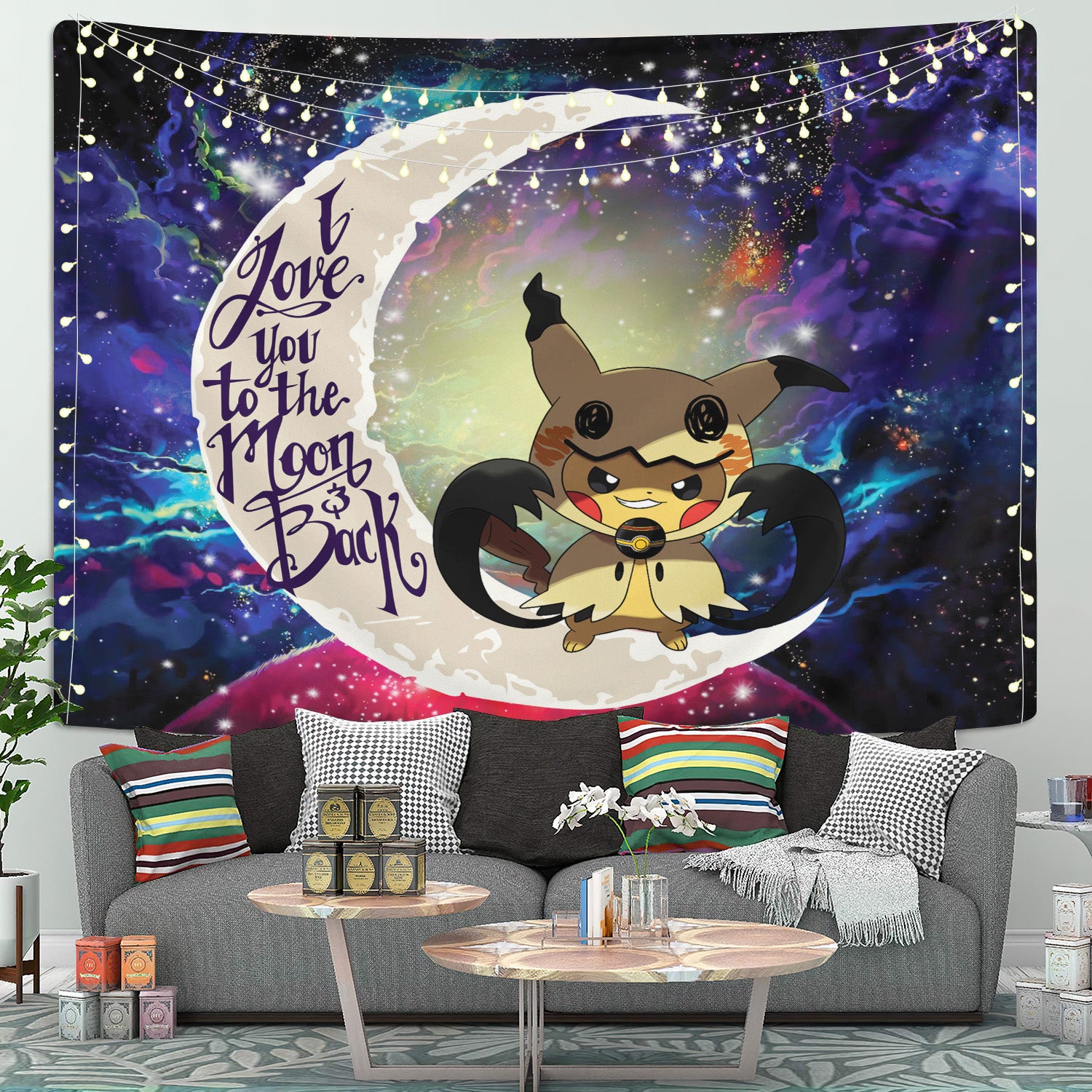 Pikachu Mimikyu Pokemon Love You To The Moon Galaxy 1 Tapestry Room Decor