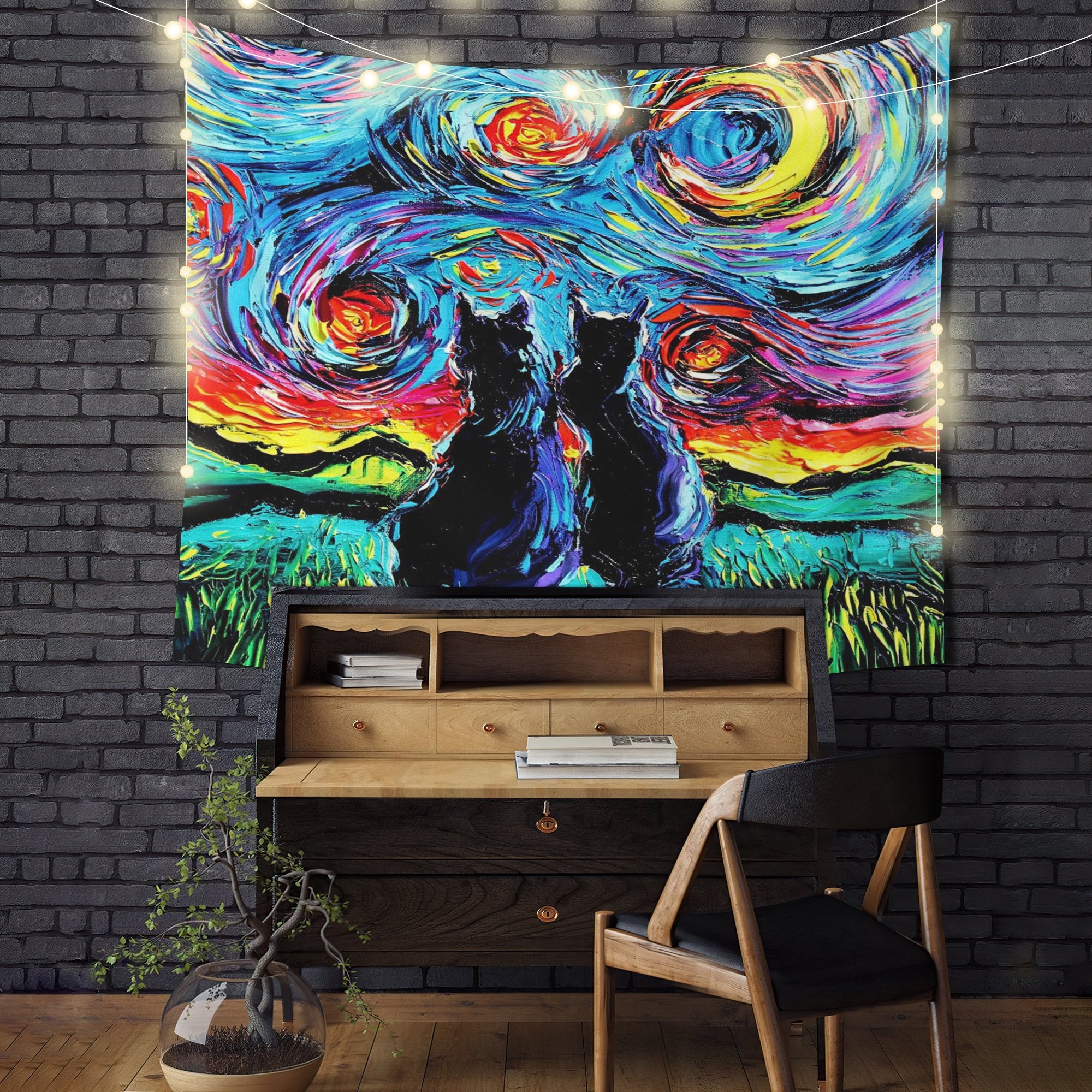 Starry Night Black Cats Tapestry Room Decor