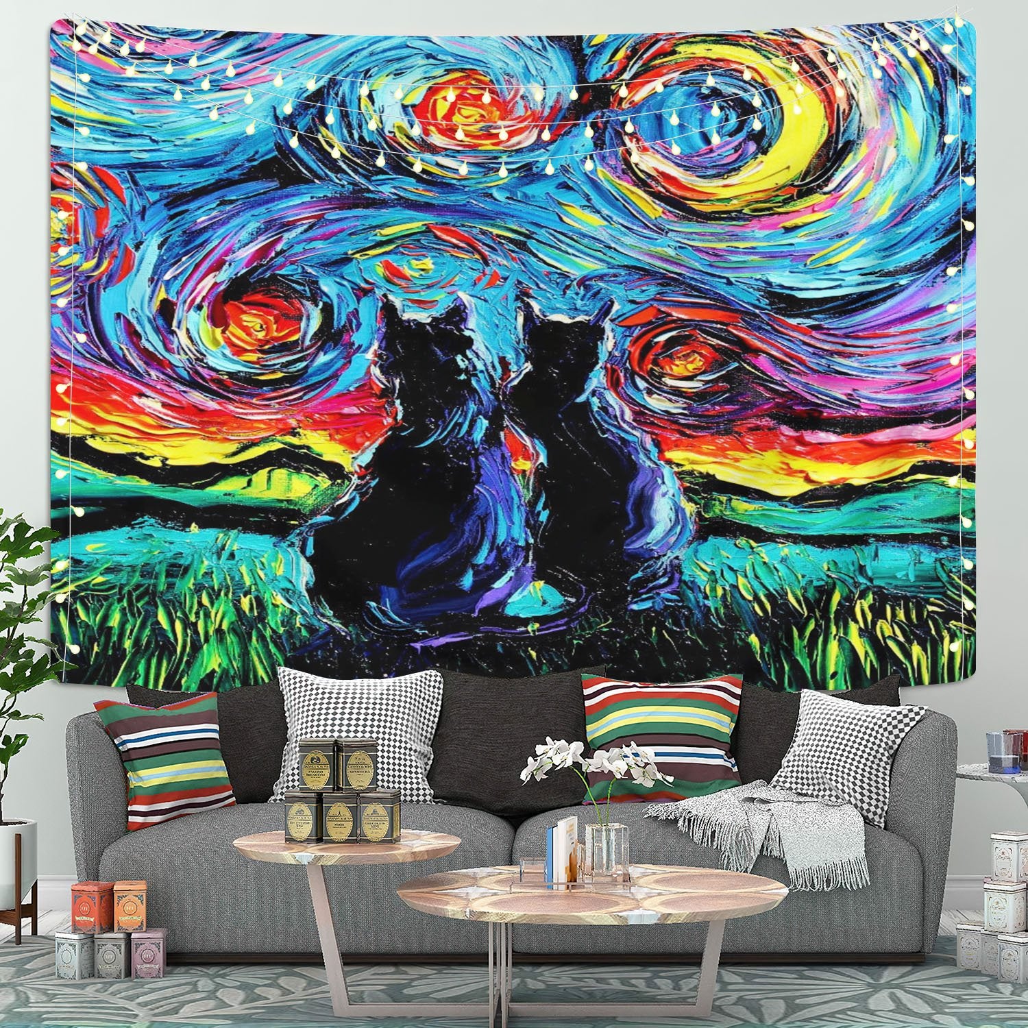 Starry Night Black Cats Tapestry Room Decor